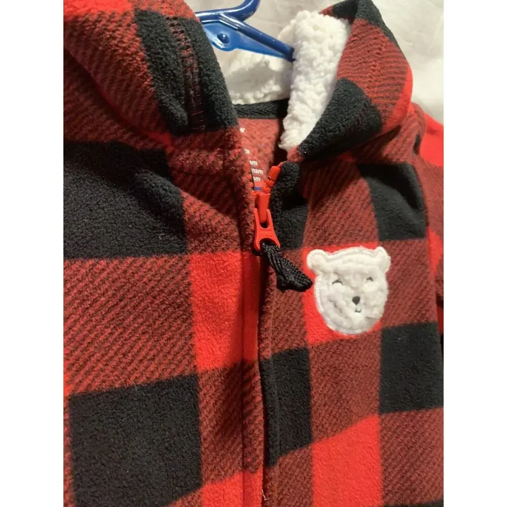 Carters Baby Boy 12M Sleeper Buffalo Plaid Red Black Fleece One Piece Hoodie